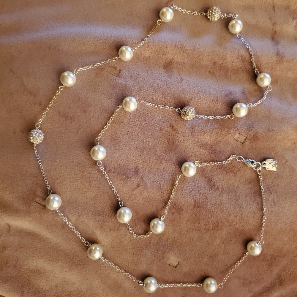 Chaps Long Necklace with Faux Pearls and CZ Beads